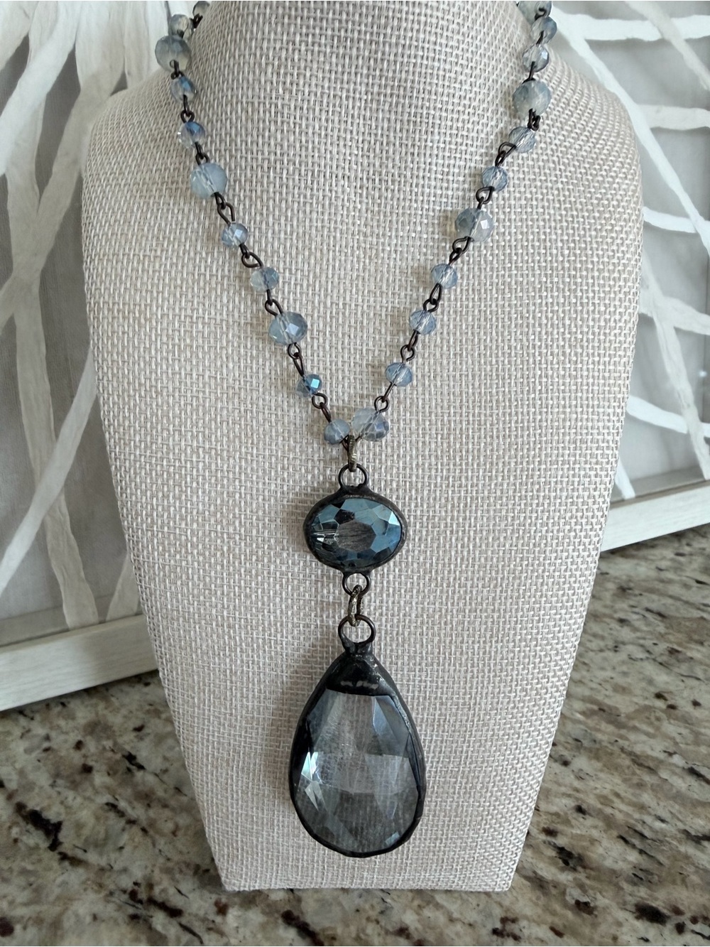 Blue Gray Crystal Drop Necklace